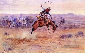 Indianer und Cowboy Werke - sträubendes wildes Pferd 1899 Charles Marion Russell Indiana Cowboy
